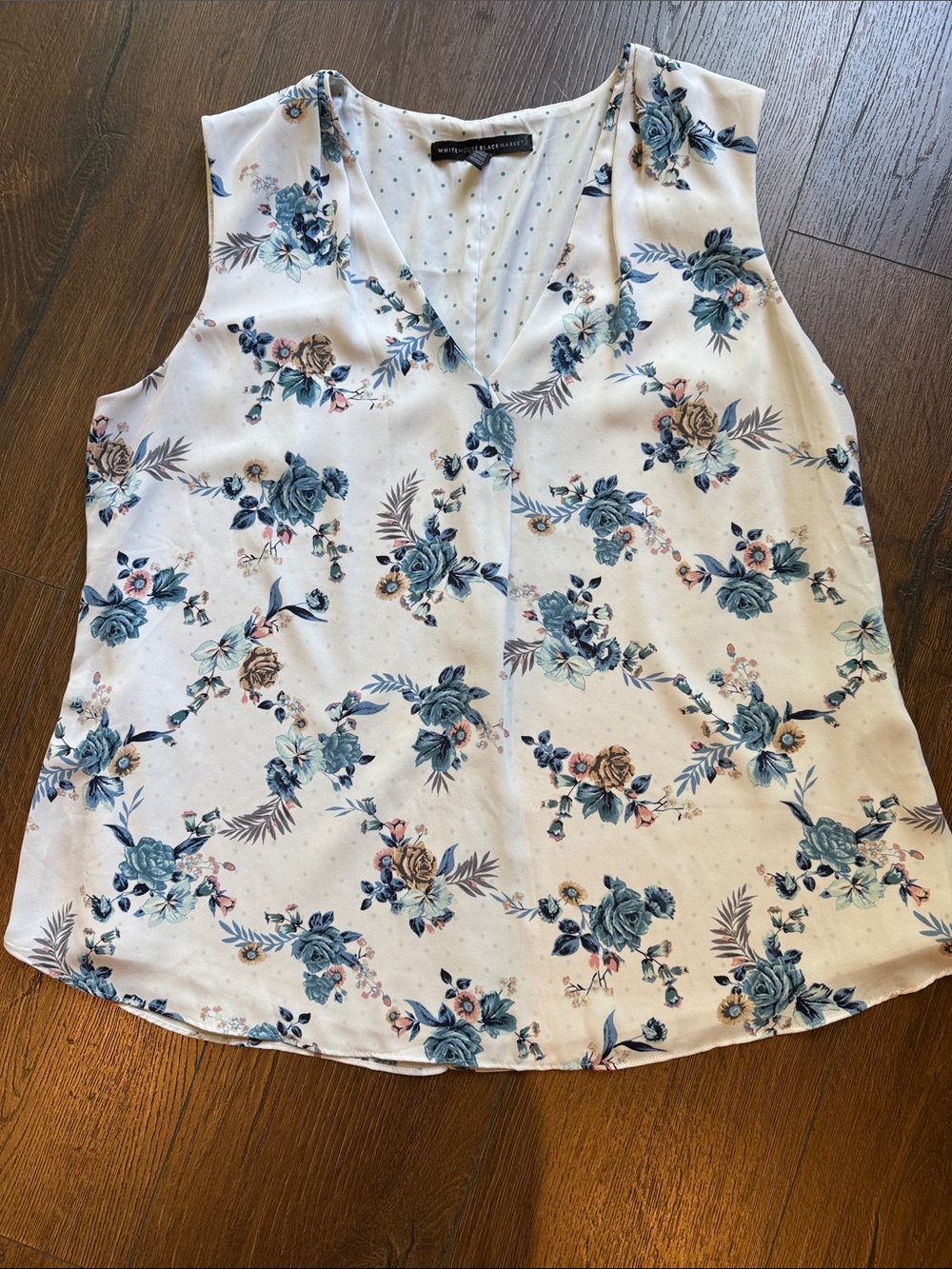 White House Black Market White Floral V-Neck Camisole with Blue Accents
